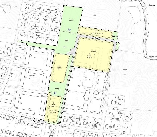 Kartbild över området med gula och gröna markering om var man kan bygga bostad och var man kan bygga grönområden.
