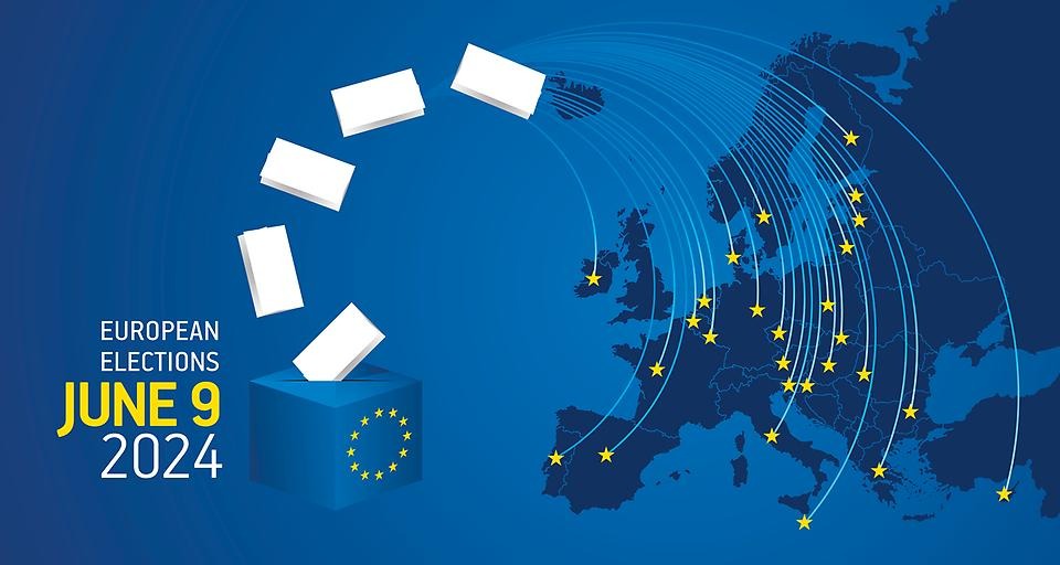 Kartbild över Europa med stjärnor på länderna som är med i EU. Bredvid kartan är en låda som röstsedlar åker ner i. På bilden står texten på engelska "European elections june 9 2024", som på svenska betyder Europeiska valet 9 juni 2024.