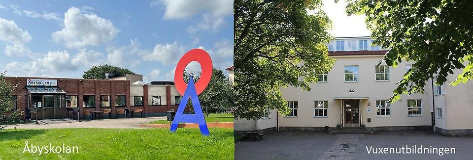 Två bilder bredvid varandra. På den vänstra bilden är Åbyskolans huvudentré men en stor skylt i form av ett stort Å i blått och rött utanför. Under står Åbyskolan. På den högra bilden är vuxenutbildningens huvudentré. Under står det Vuxenutbildningen.