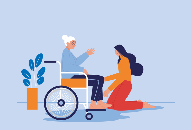 Illustration av äldre kvinna i rullstol som får hjälp av en yngre kvinna.