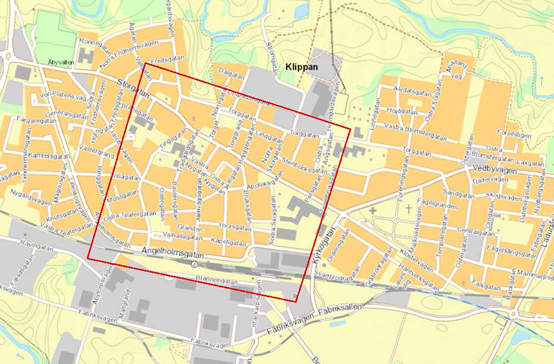 Kartbild över centrala Klippan där Tegelbruksgatan, Djupadalsgatan och Brännerigatan är markerade med ett rött streck som visar området som drönaren kommer att flyga i
