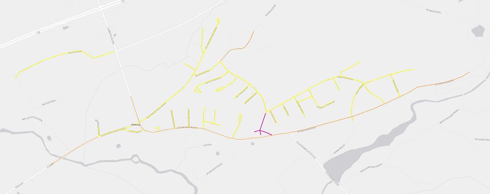 Kartbild över Stidsvig med linjer i olika färger som visar på nya hastigheter.