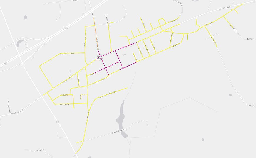 Kartbild över Östra Ljungby med linjer i olika färger som visar på nya hastigheter.