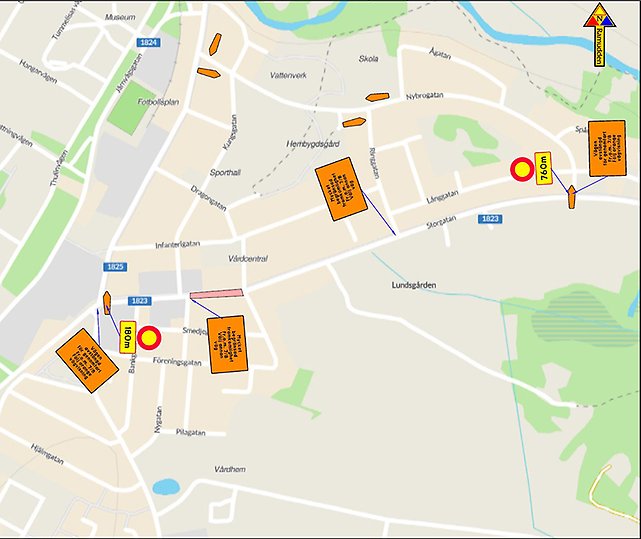 Karta över Storgatan i Ljungbyhed med oranga markeringar för hur trafiken leds om
